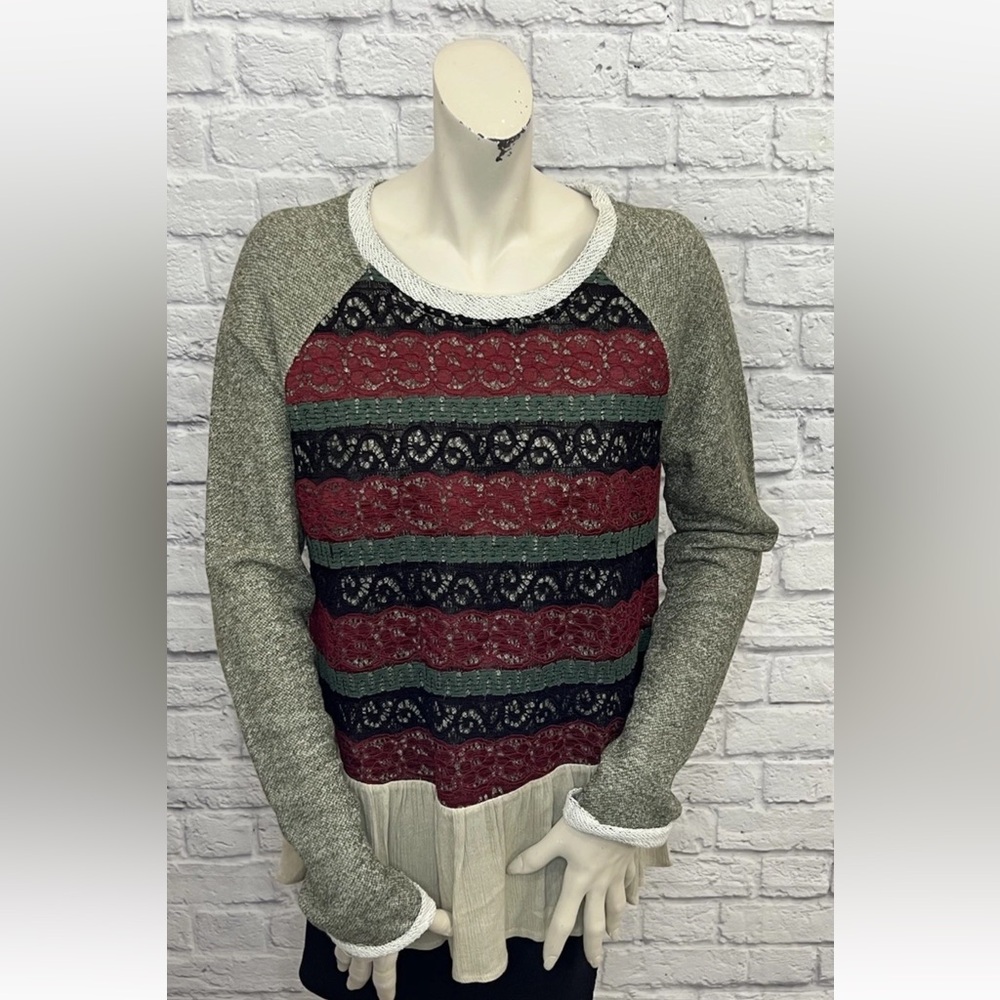 ODDI MULTI COLOR LACE LAYERED BOHEMIAN LONG SLEEVE TOP SIZE L